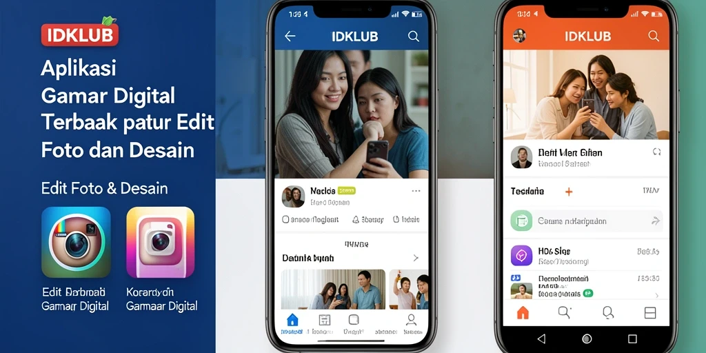 Tampilan antarmuka IDKLUB dengan fitur edit foto dan desain yang menarik.